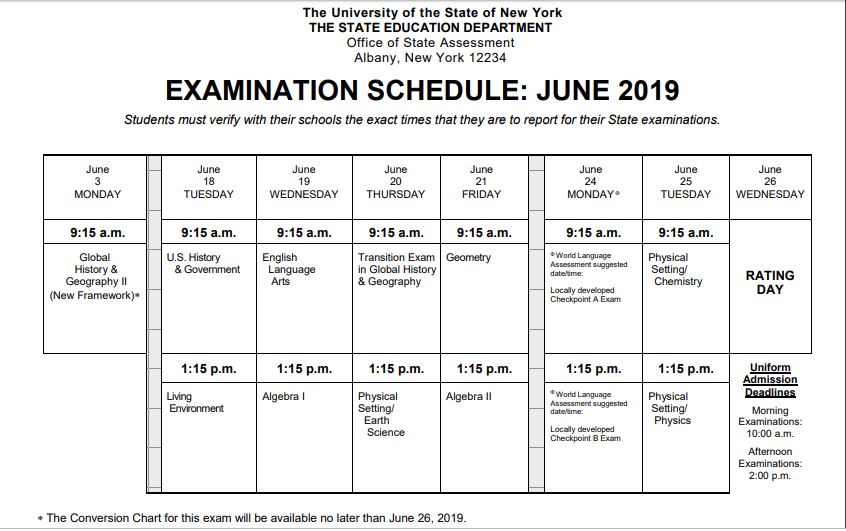 New York State June 2019 Regents Schedule -Club Z! Tutoring of Orange